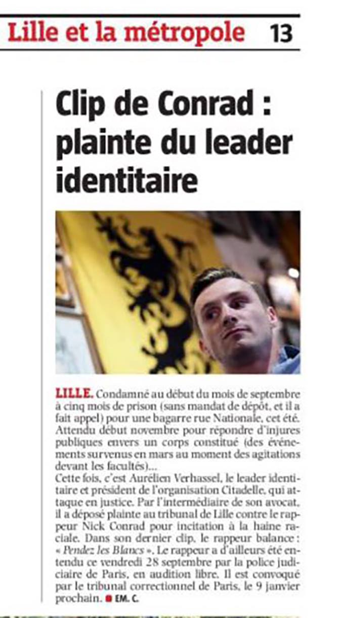 Read more about the article La campagne contre le clip raciste de Nick Conrad s’amplifie.
La presse régional…